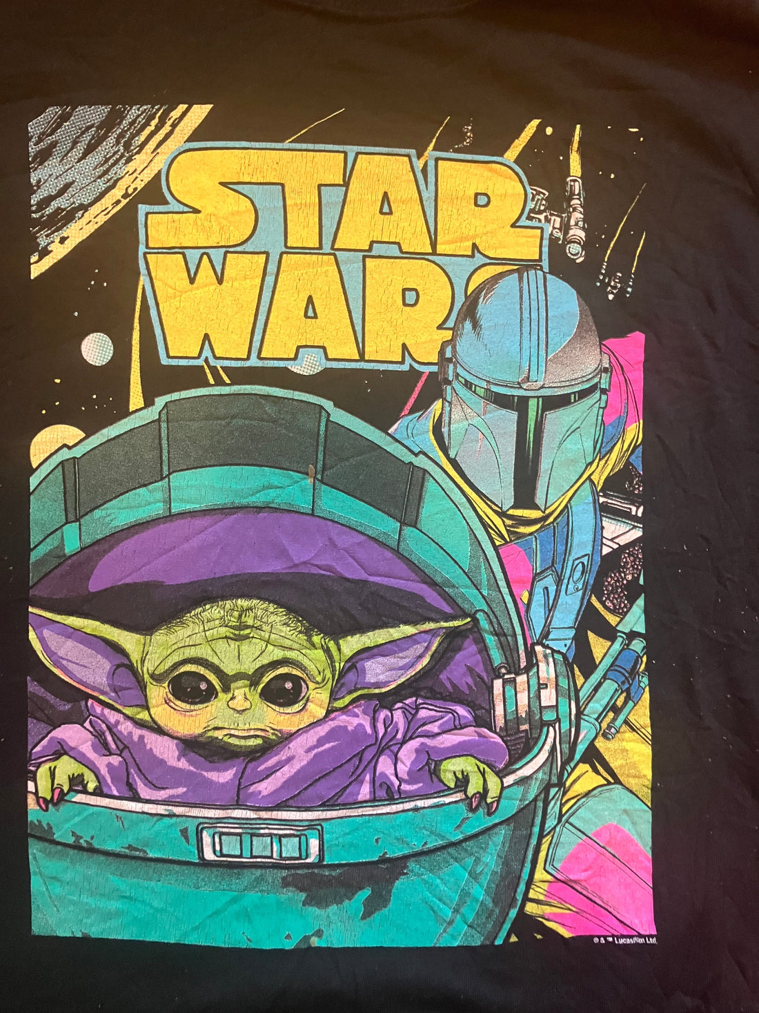 Star Wars The Mandalorian and Grogu Comic Art T-Shirt in retro neon style on black background